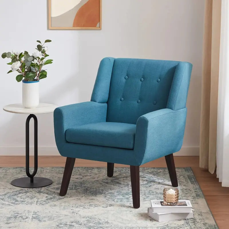 Huimo Mid-Century Modern Accent Chair  Button-Tufted Beige Upholstered Reading Chair for Living Room or Bedroom