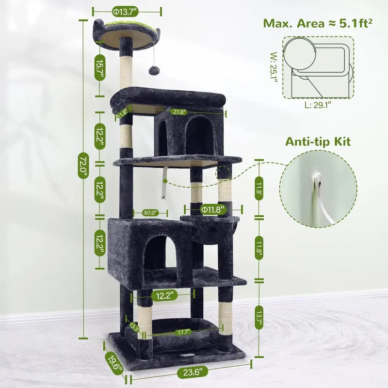 Globlazer 72in Maine Coon Cat Tree with Triangular Stability & Oversized Platform for Large Cats