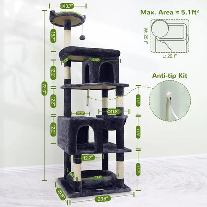 Globlazer 72in Maine Coon Cat Tree with Triangular Stability & Oversized Platform for Large Cats