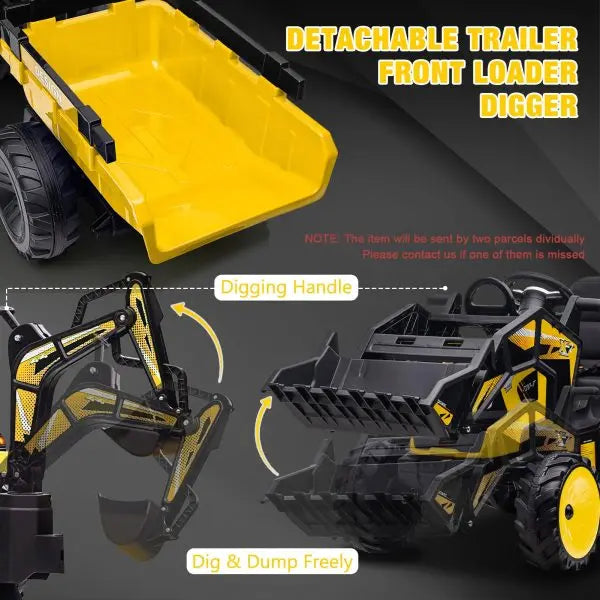 24V 3-in-1 Ride-On Tractor  Excavator & Bulldozer Modes, Remote, LED, USB/Bluetooth (Yellow)