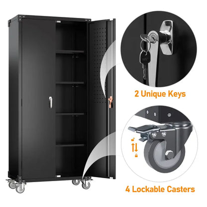 GangMei Rolling Garage Storage Cabinet  72-Inch Black Metal Tool Organizer with Pegboard & Locking Doors