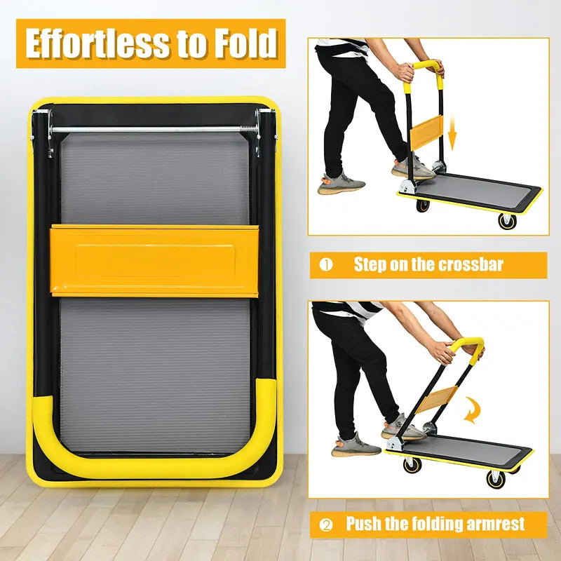 Lightweight Folding Flatbed Cart  330 LB Capacity Yellow Platform Dolly with Push Handle