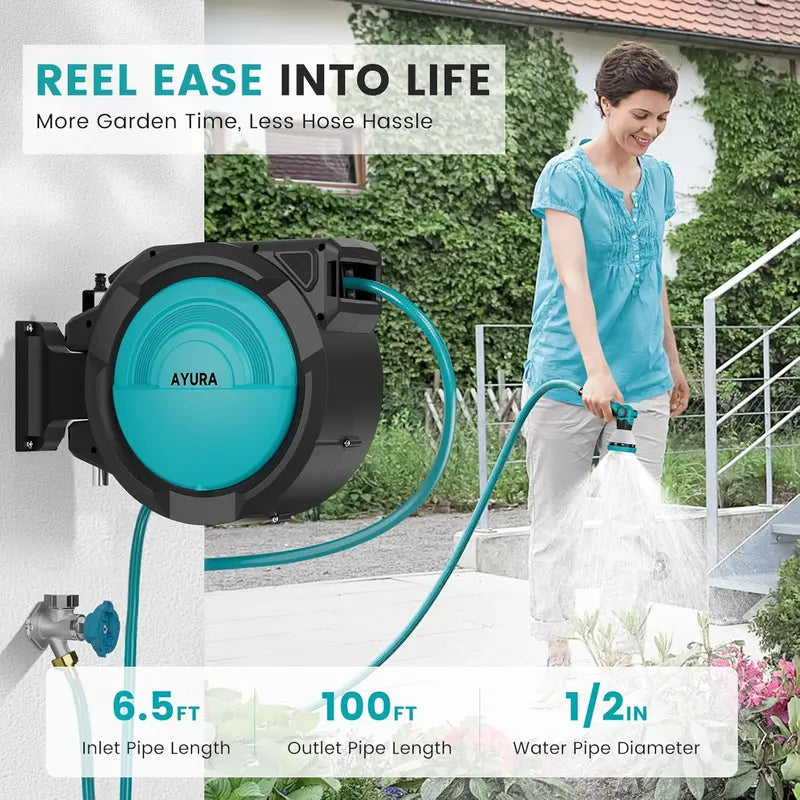 AYURA Retractable Garden Hose Reel  Adjustable Length Lock, Gentle Auto-Rewind & 10-Spray Nozzle