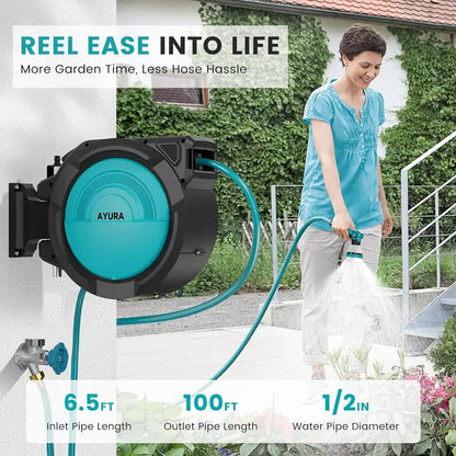 AYURA Retractable Garden Hose Reel  Adjustable Length Lock, Gentle Auto-Rewind & 10-Spray Nozzle