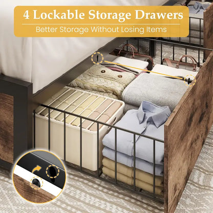 Lifezone Queen Platform Bed Frame  Metal Construction with 2-Tier Storage Headboard & 4 Under-Bed Drawers