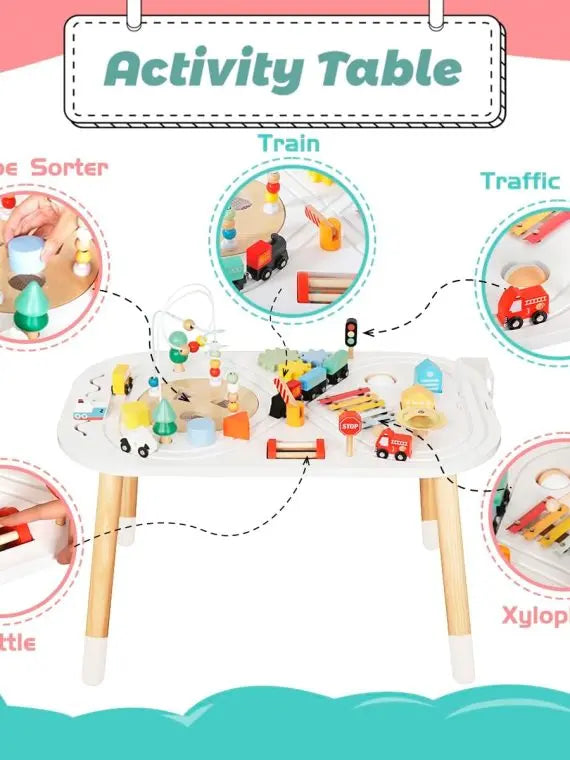 Wooden Toddler Activity Cube & Table by Cubes for Kids  Montessori Toy with Bead Maze, Mini Car, Gears & Blocks for 1 Year Olds