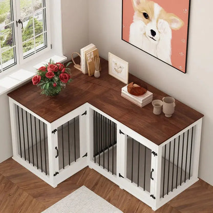 L-Shaped Corner Dog Crate Furniture  Spacious Dual-Dog Enclosure (58.7″ x 41.1″)