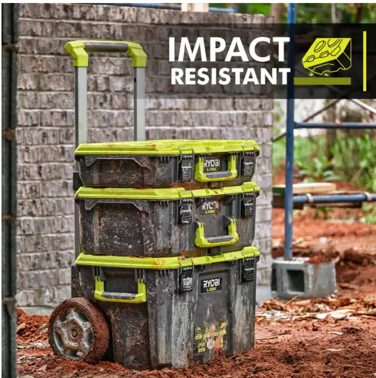 RYOBI LINK Modular Storage Set: Rolling, Medium & Standard Tool Boxes, Impact Resistant, IP65 Rated, Green