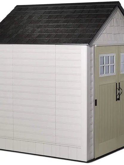 Rubbermaid 7 ft x 7 ft Outdoor Storage Shed  Weather-Resistant Resin Garden Shed with Windows and Utility Hooks (Sand)
