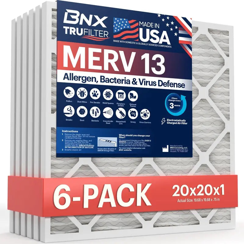 BNX TruFilter 20x20x1 MERV 13 6-Pack Electrostatic Pleated HVAC Filter for Allergies & Smoke, USA Made