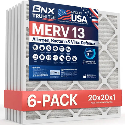 BNX TruFilter 20x20x1 MERV 13 6-Pack Electrostatic Pleated HVAC Filter for Allergies & Smoke, USA Made