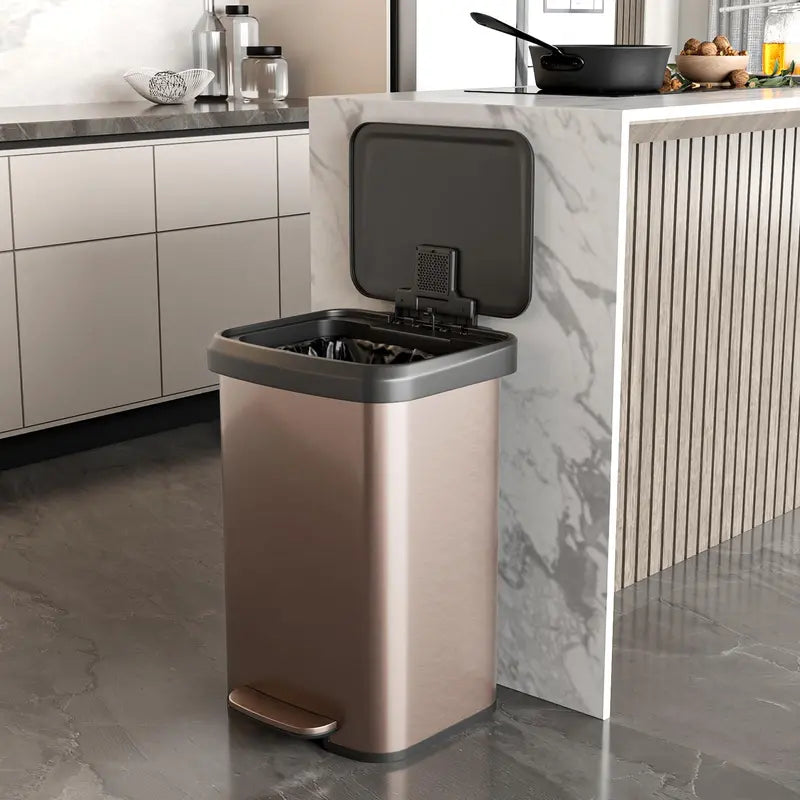 13-Gallon Stainless Steel Trash Can  Soft-Close Lid, Foot Pedal & Odor Control