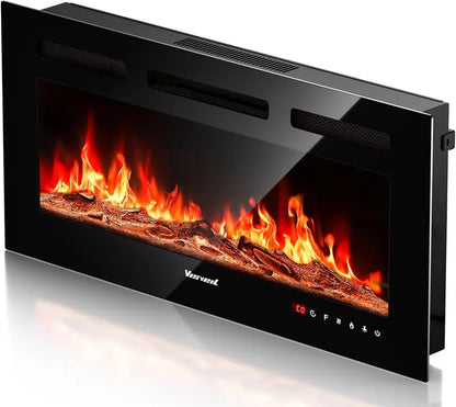 60-Inch Wall-Mounted Electric Fireplace  Realistic Flame Effect Heater with Touchscreen, Remote, Timer & Log/Crystal Media, 7501500W Output