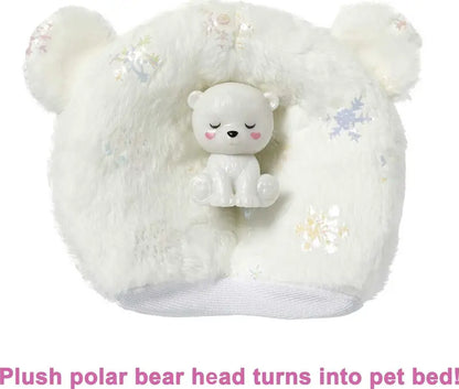 Barbie Cutie Reveal Snowflake Sparkle Fashion Doll, Polar Bear Plush Costume, Mini Pet & Accessories
