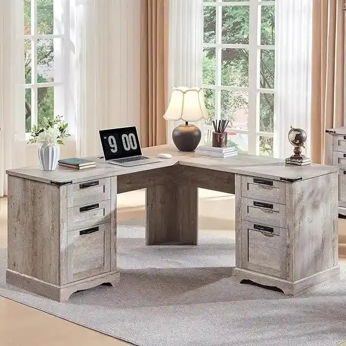 60-Inch L-Shaped Farmhouse Executive Desk  Wood Corner Computer Workstation