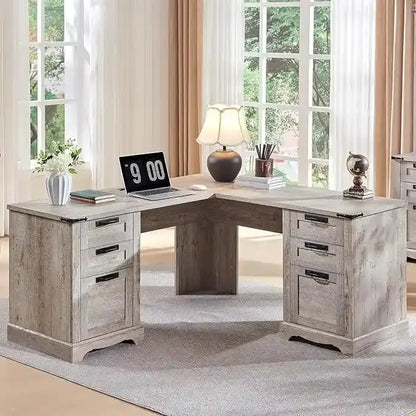 60-Inch L-Shaped Farmhouse Executive Desk  Wood Corner Computer Workstation