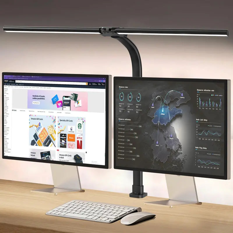 Clamp-Mount Dual-Head LED Desk Lamp  24W, 5 Brightness + 5 Color Modes, Articulating Arm