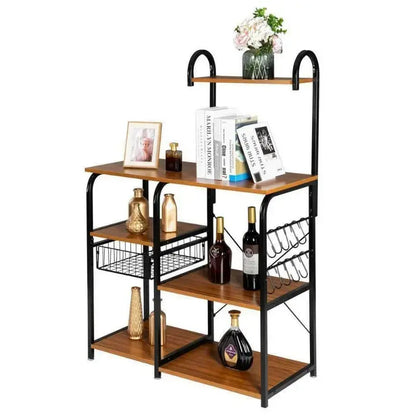 Premium Kitchen Microwave Storage Cart with Utensil Rack, 35.5″, Vintage/Black, Multi-Tier Metal Frame