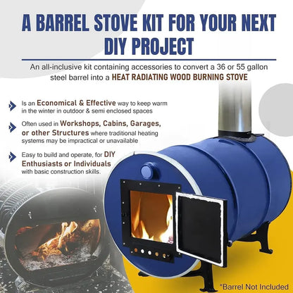 Barrel Stove Kit C  DIY Wood-Burning Heater for 3055-Gallon Drums  Emergency Cooking & Heating Solution