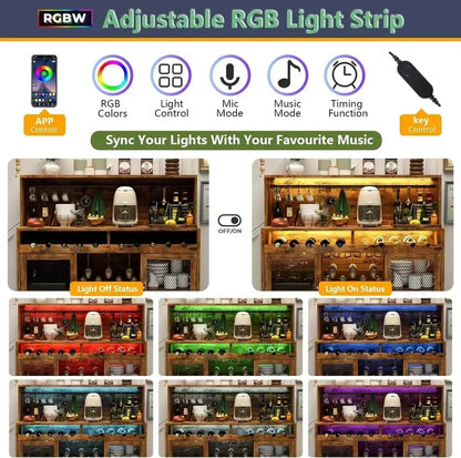 LED-Lit Wine & Liquor Bar Cabinet  Glass Shelving, Coffee Station Design, Integrated Lighting