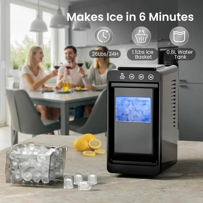 Kismile Countertop Ice Maker  26 lb/Day, Adjustable Ice Size, Internal LED Lighting, Self-Cleaning Function for Kitchen or Bar