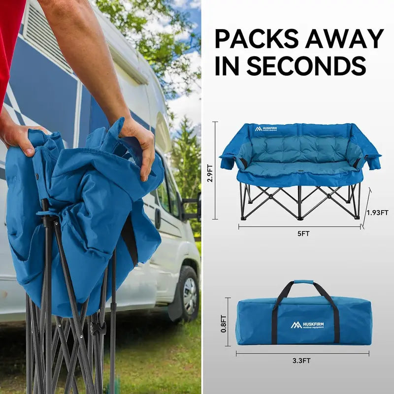 Double Camping Loveseat Chair  Heavy-Duty 2-Person Folding Sofa with Cup Holders & Carry Bag