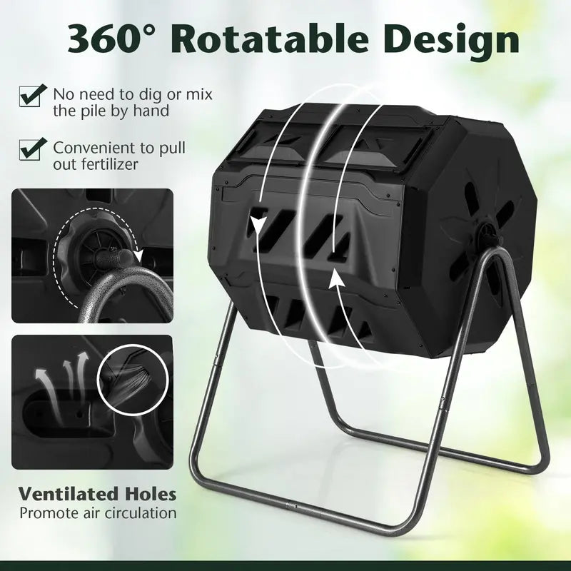 Dual-Chamber Compost Tumbler  42-Gallon Rotating Bin with Sliding Doors & Reinforced Steel Frame