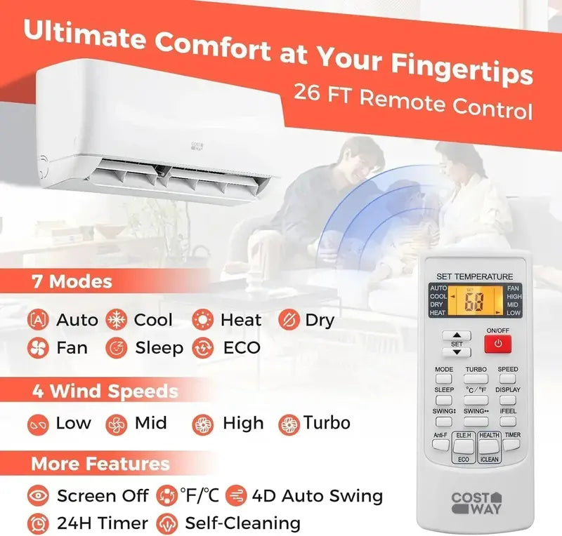 COSTWAY 12,000 BTU Mini-Split AC/Heater  20 SEER2, 115V Ductless Wall-Mount System