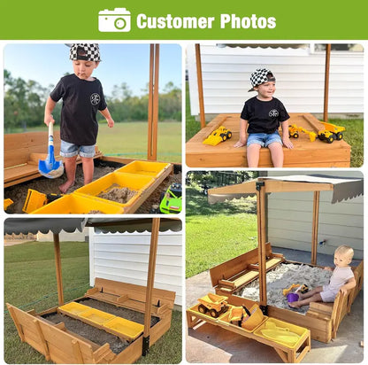 Kids’ Wooden Outdoor Sandbox with Retractable Canopy  Includes Foldable Benches & Sand Liner