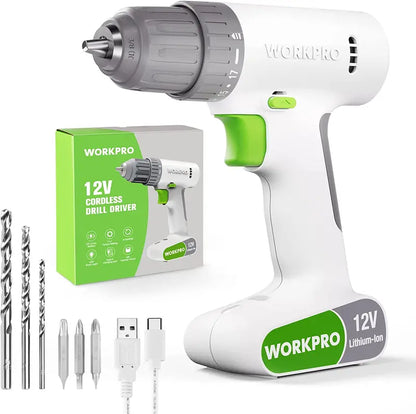 WORKPRO 12V Cordless Drill Driver  3/8″ Keyless Chuck, 18-Torque Settings & 6 Bits
