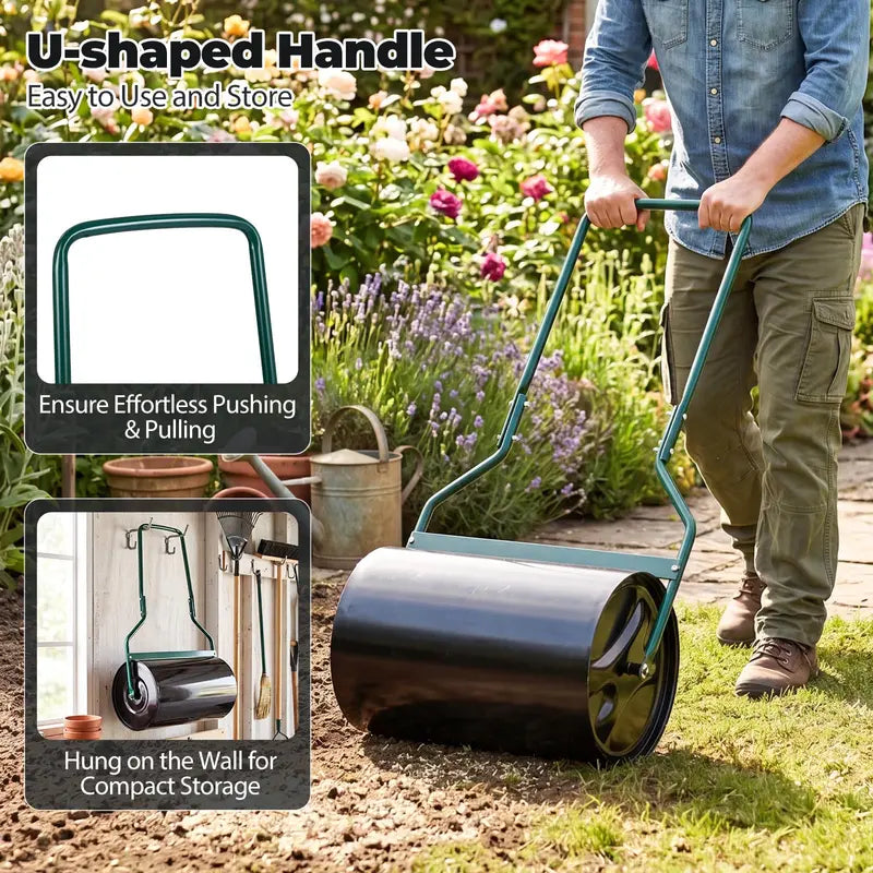 12-Gallon Lawn Roller  Water- or Sand-Filled Drum with U-Handle for Smooth Soil Compaction