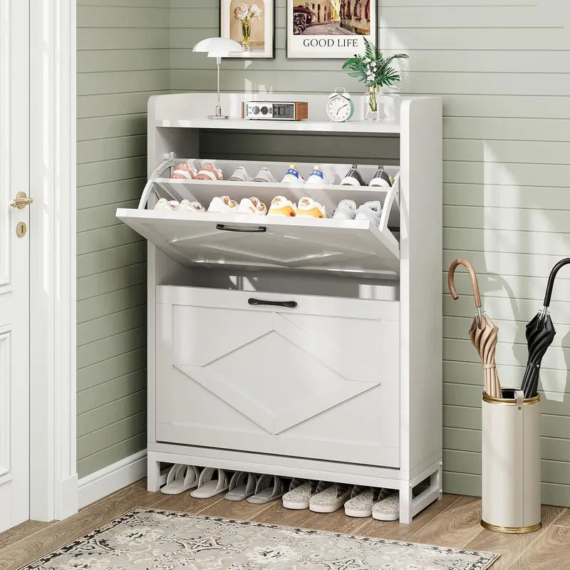 Compact Shoe Storage Cabinet Featuring Two Flip Drawers and One Adjustable Shelf