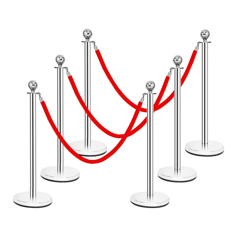 6-Piece Stainless Steel Queue Management Set  Polished Round-Top Stanchions with Retractable Belts