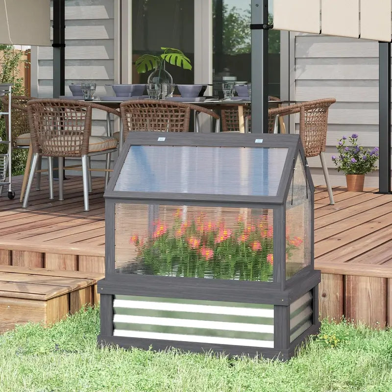 Wooden Raised Garden Bed with Polycarbonate Peak-Roof Greenhouse — 35.5″ x 22.5″ x 38.25″, Gray