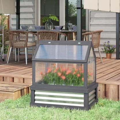 Wooden Raised Garden Bed with Polycarbonate Peak-Roof Greenhouse — 35.5″ x 22.5″ x 38.25″, Gray