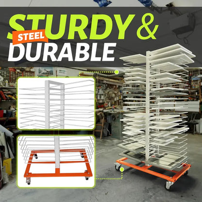 50-Shelf Rolling Paint Drying Rack  25 lbs per Shelf, Orange/White Industrial Organizer
