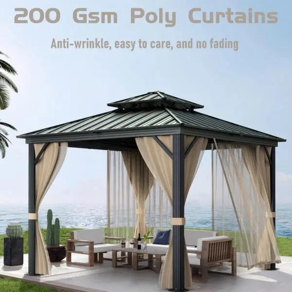 10×10 All-Weather Hardtop Gazebo  Dual-Layer Metal Roof, Aluminum Frame, Khaki