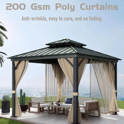 10×10 All-Weather Hardtop Gazebo  Dual-Layer Metal Roof, Aluminum Frame, Khaki