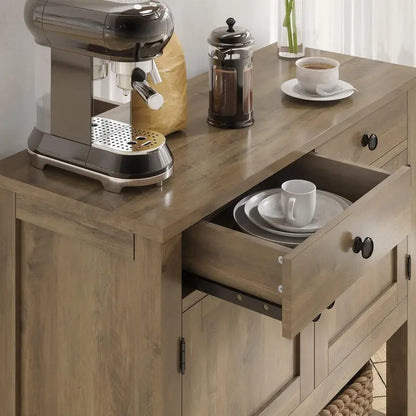 HOSTACK Farmhouse Console Table  Rustic Brown Entryway or Coffee Bar with Cabinet, Drawers & Shelf