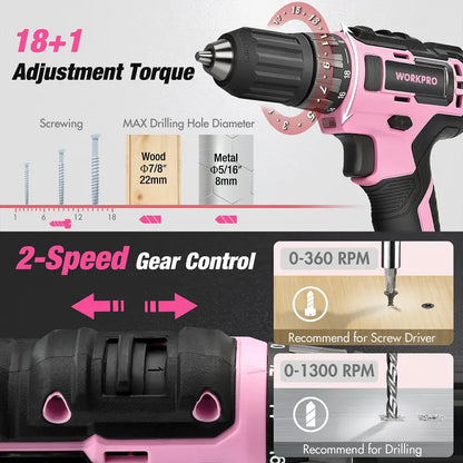 WORKPRO 157-Piece Household Tool Kit with 20V Cordless Drill Driver  Pink Ribbon Edition