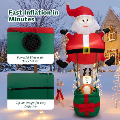Tangkula 8FT Inflatable Christmas Santa Claus with Hot Air Balloon & Reindeer, LED Lights, Self-Inflating Outdoor Decor