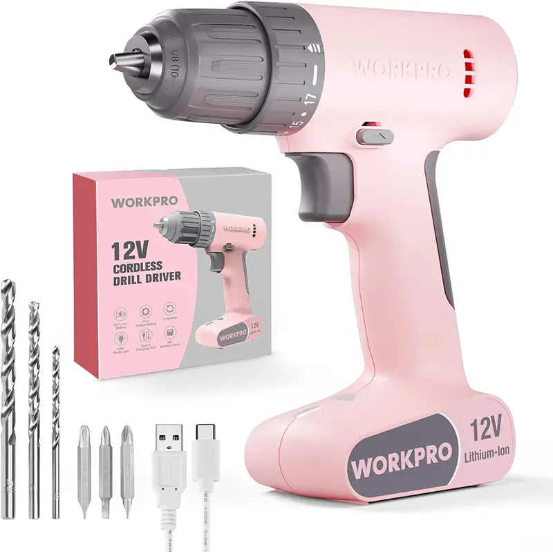WORKPRO 12V Cordless Drill Driver  3/8″ Keyless Chuck, 18-Torque Settings & 6 Bits