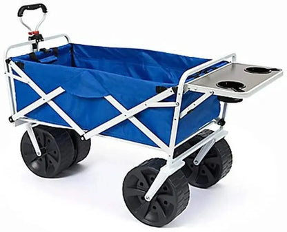 Heavy-Duty All-Terrain Beach Wagon  Collapsible Folding Cart with Side Table, Large Wheels, Ideal for Beach, Picnic & Camping (Blue/White)