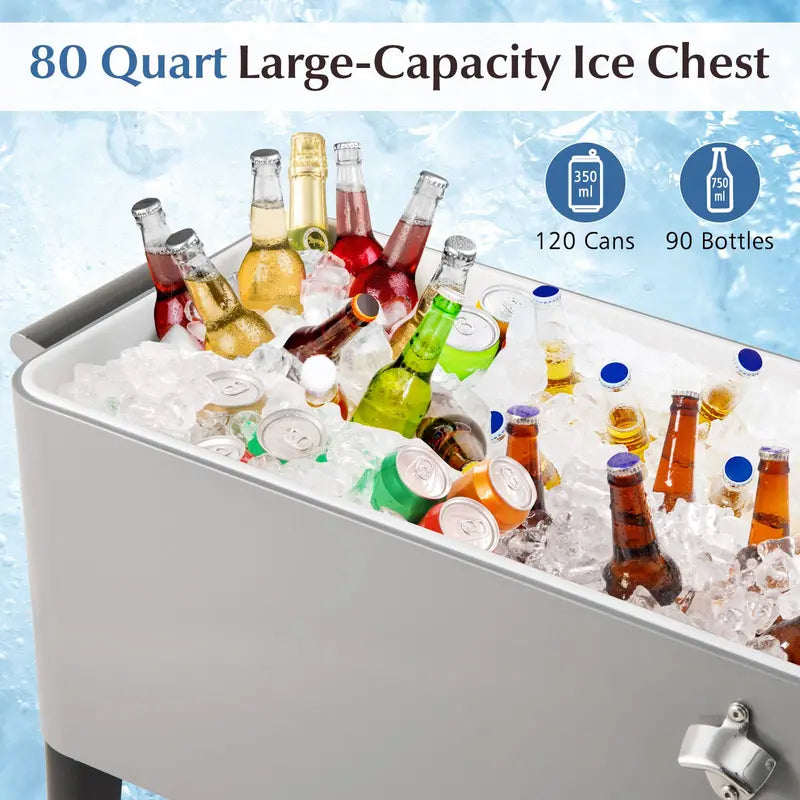 80-Quart Wheeled Rolling Ice Chest with Storage Shelf & Smooth-Castor Wheels