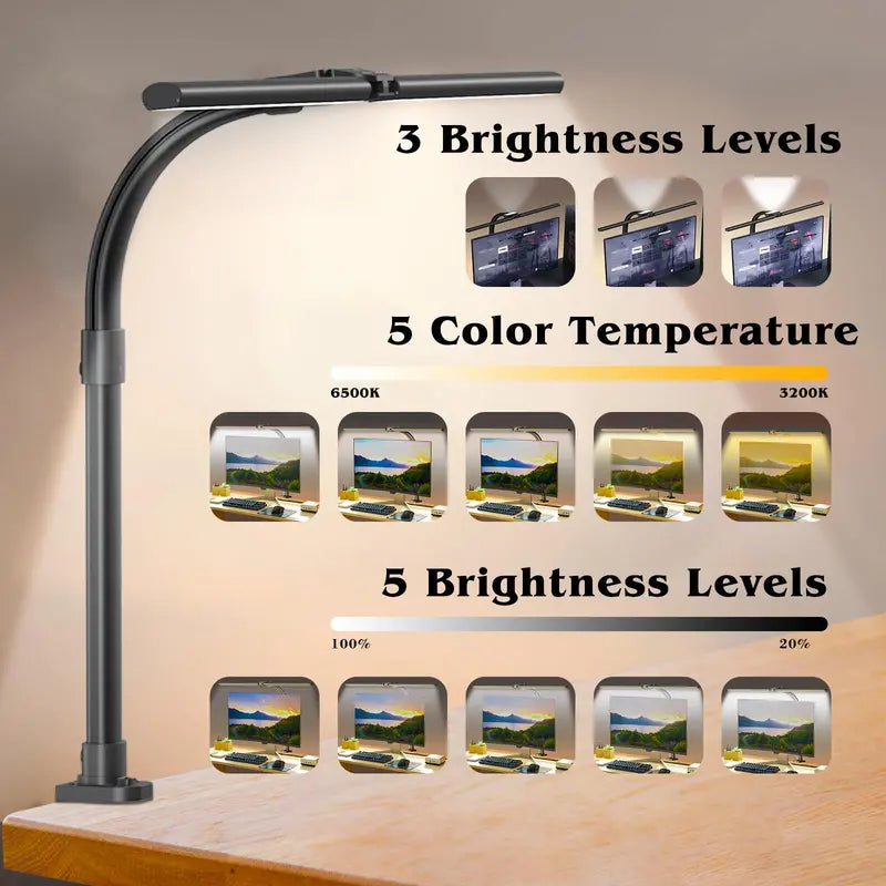 Clamp-Mount Dual-Head LED Desk Lamp  24W, 5 Brightness + 5 Color Modes, Articulating Arm