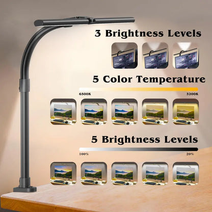 Clamp-Mount Dual-Head LED Desk Lamp  24W, 5 Brightness + 5 Color Modes, Articulating Arm