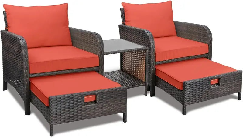 LEVELEVE 5-Piece Brown PE Wicker Patio Conversation Set with Cushioned Chairs and Tempered Glass Table
