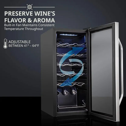 18-Bottle Freestanding Wine Cooler with Lockable Glass Door — Adjustable Digital Thermostat (41°F64°F) for Red, White, and Sparkling Wines