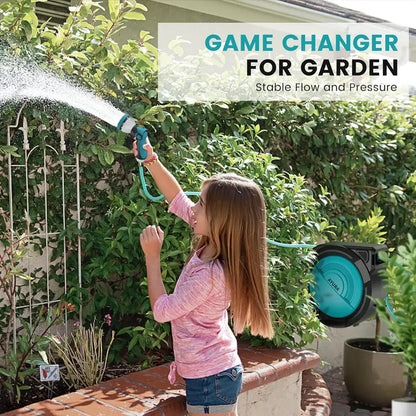 AYURA Retractable Garden Hose Reel  Adjustable Length Lock, Gentle Auto-Rewind & 10-Spray Nozzle
