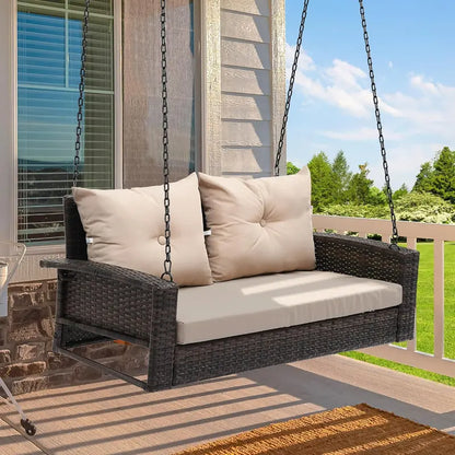 YITAHOME 3-Person Hanging Porch Swing  Wicker Outdoor Bench with Removable Cushions, Ideal for Patios, Balconies & Gardens (Brown)